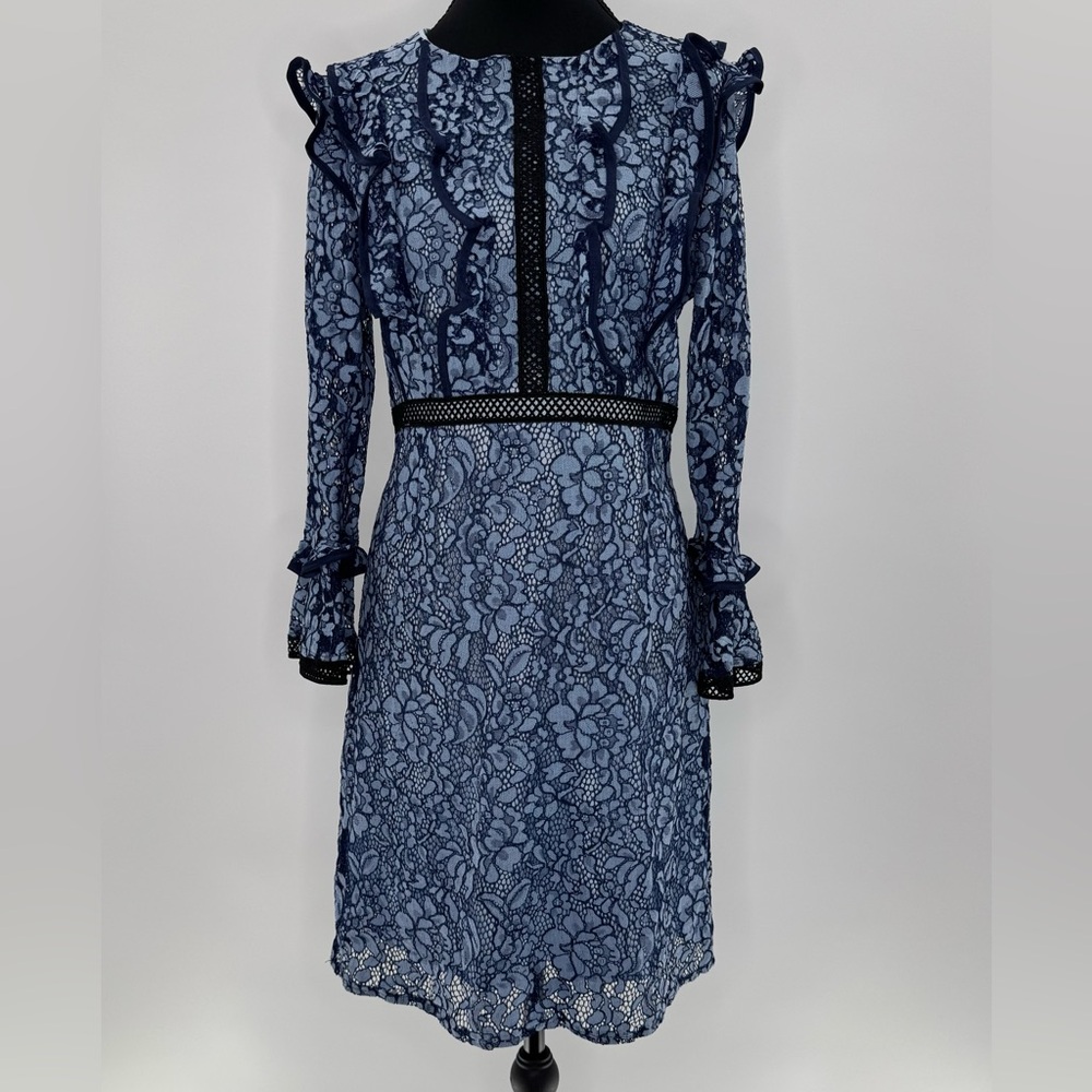 Diandian Didi Ruffle Lace Trim Midi Knee Length Dress, Blue and Black, Size S/M - Picture 7 of 13